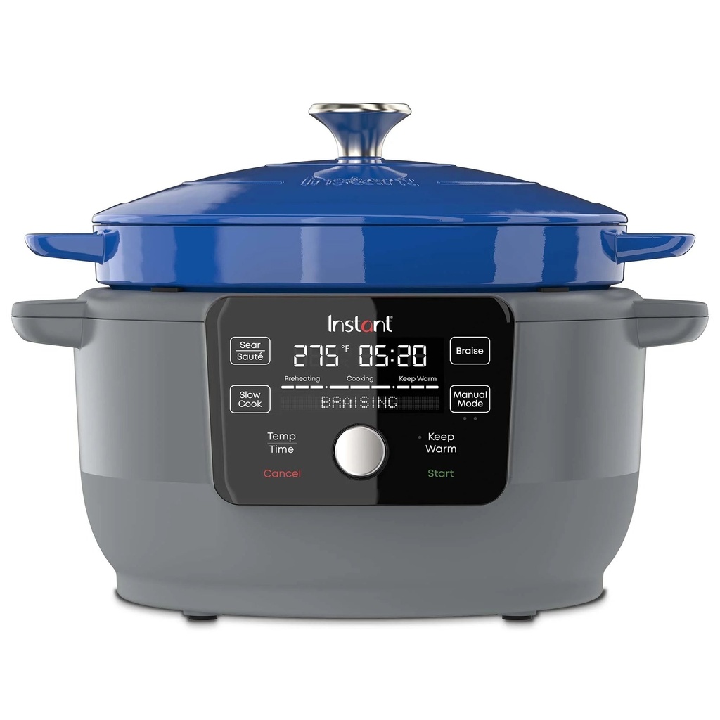 Instant 6-Quart Electric round Dutch Oven, 5-In-1: Braise, Slow Cook, Sear/Sauté, Cooking Pan, Food Warmer, Enameled Cast Iron, Included Recipe Book, Blue