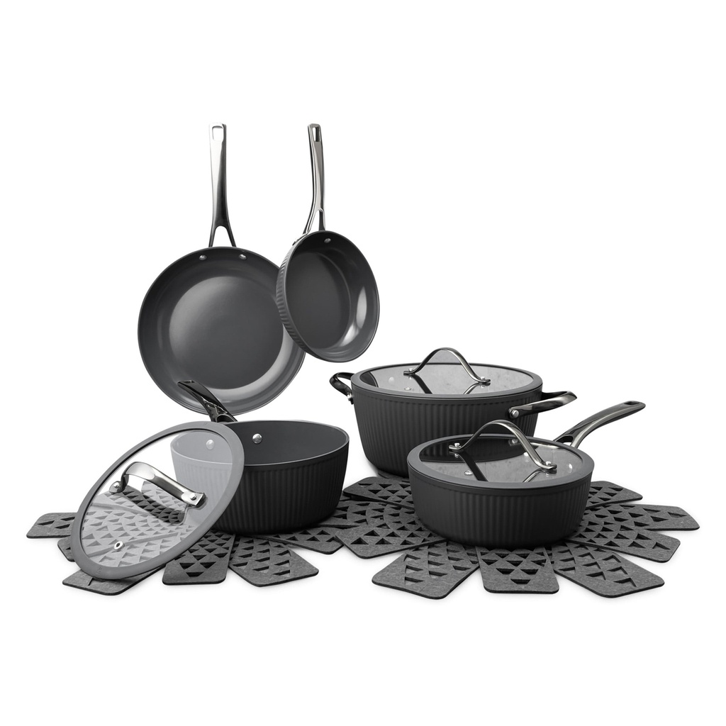 Thyme & Table 12-Piece Cookware Ceramic Non-Stick Set Ribbed Collection, Grey