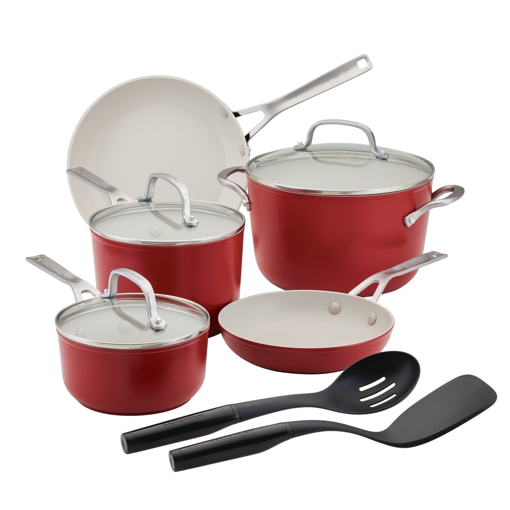 Kitchenaid Ceramic Forged Aluminum 10 Piece Nonstick Cookware Pots and Pans Set, Empire Red