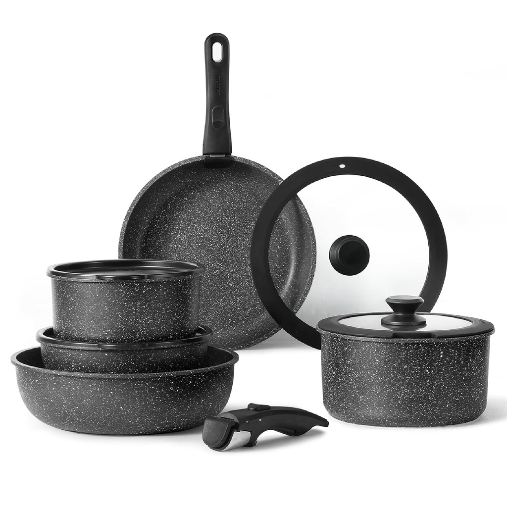 CAROTE 11Pcs Pots and Pans Set, Nonstick Cookware Sets Detachable Handle, Induction Kitchen Cookware Set Non Stick with Removable Handle, Oven Safe, RV Cookware Set, Black