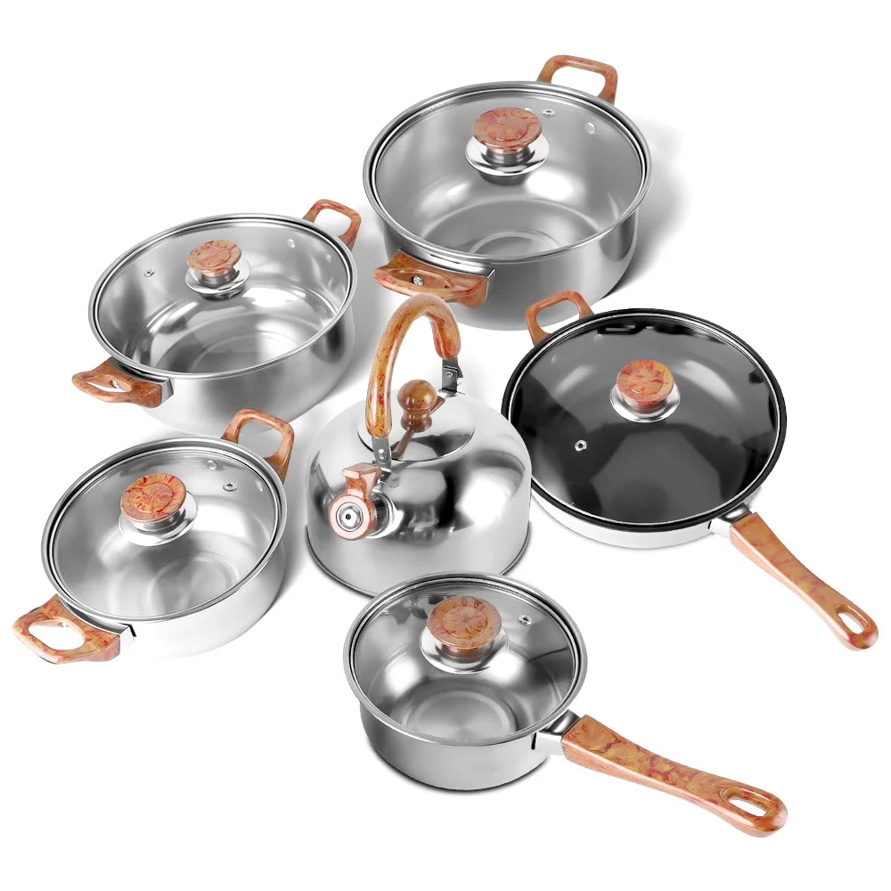 12 Pcs Nonstick Cookware Set, Easy Clean Stainless Steel Non Stick Pots and Pans, Tea Kettle, Silver