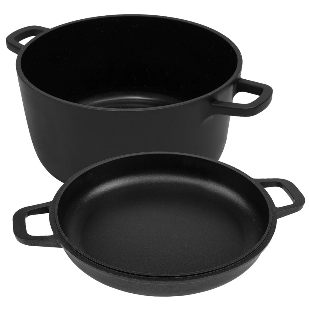 Tebru 2 in 1 Seasoned Cast Iron Double Dutch Oven Combo Cooker, Enameled Double Dutch Oven