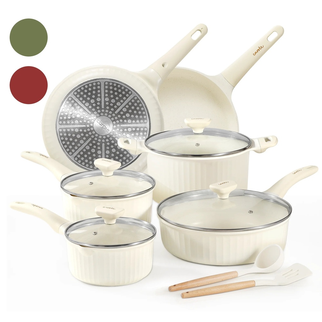 CAROTE 12Pcs Pots and Pans Set Non Stick, Kitchen Cookware Set, Induction Kitchen Cookware Sets, Easy to Clean, White and Gold