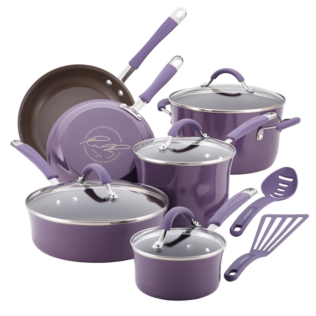 Rachael Ray Cucina 12Pc Hard Porcelain Enamel Nonstick Cookware Pots and Pans Set, Lavender Purple