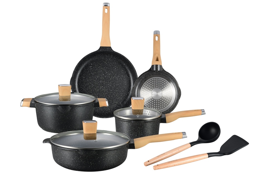 10Pcs Pots and Pans Set, Nonstick White Granite, Cookware Sets Suitable for Gas, Electric, Induction, Kitchen Cooking Set W/Frying Pans, Saucepans, Casserole, Silicone Tools, Dishwasher Safe, Black