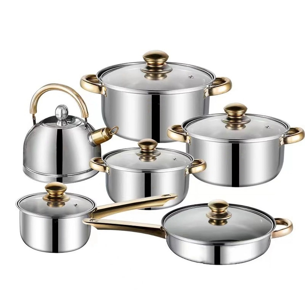Senhu Basic Cookware Sets, 12-Piece, Stainless Steel Silver with Gold Handle, Saucepot, Stockpot, Non-Stick Pan, Sound Kettle