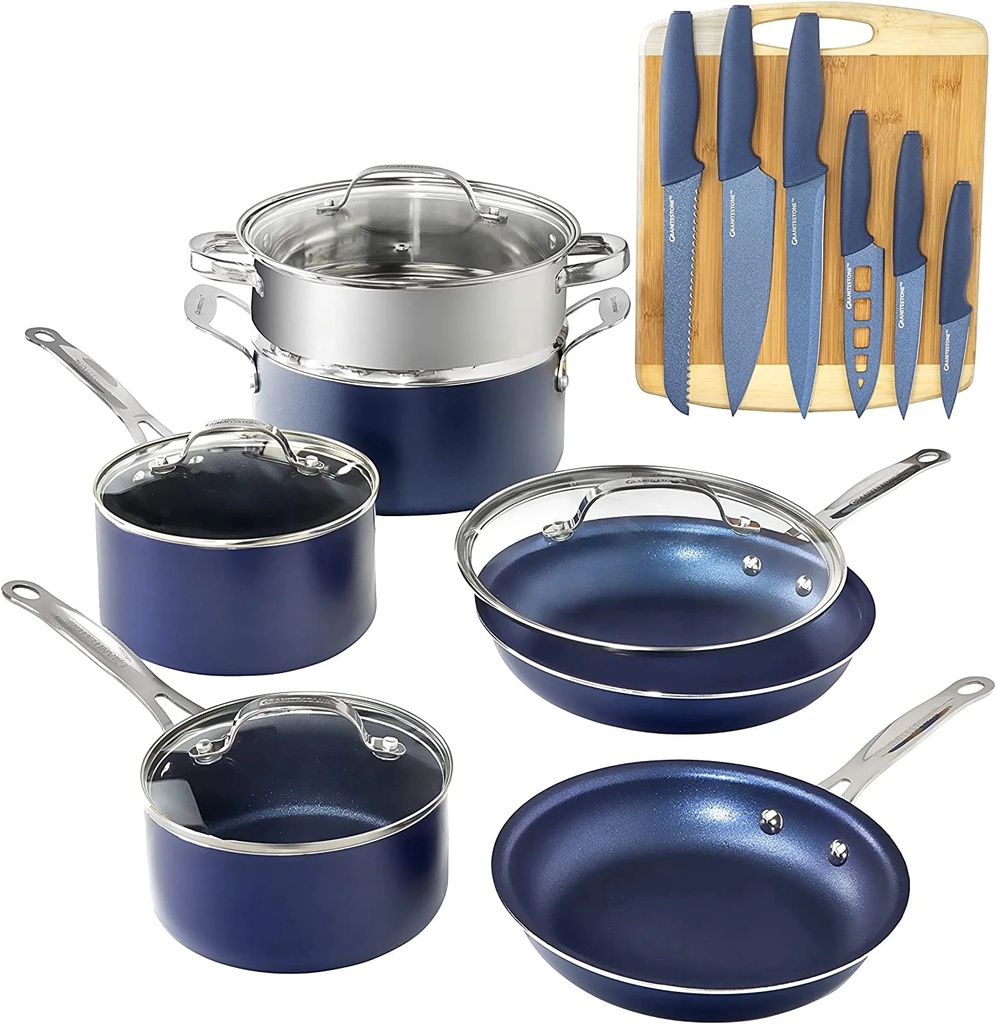 Granitestone Diamond Nonstick Pots and Pans 17 Piece Kitchen Cookware Set Knife Set Cooking Cutlery Knives Sauce Pan Blue