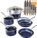 Granitestone Diamond Nonstick Pots and Pans 17 Piece Kitchen Cookware Set Knife Set Cooking Cutlery Knives Sauce Pan Blue