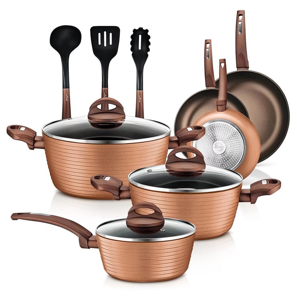 Nutrichef 12 Piece Kitchenware Pots & Pans Set - Stylish Kitchen Cookware, Non-Stick Coating inside & outside + Heat Resistant Lacquer Outside, Coffee inside and Brown Outside