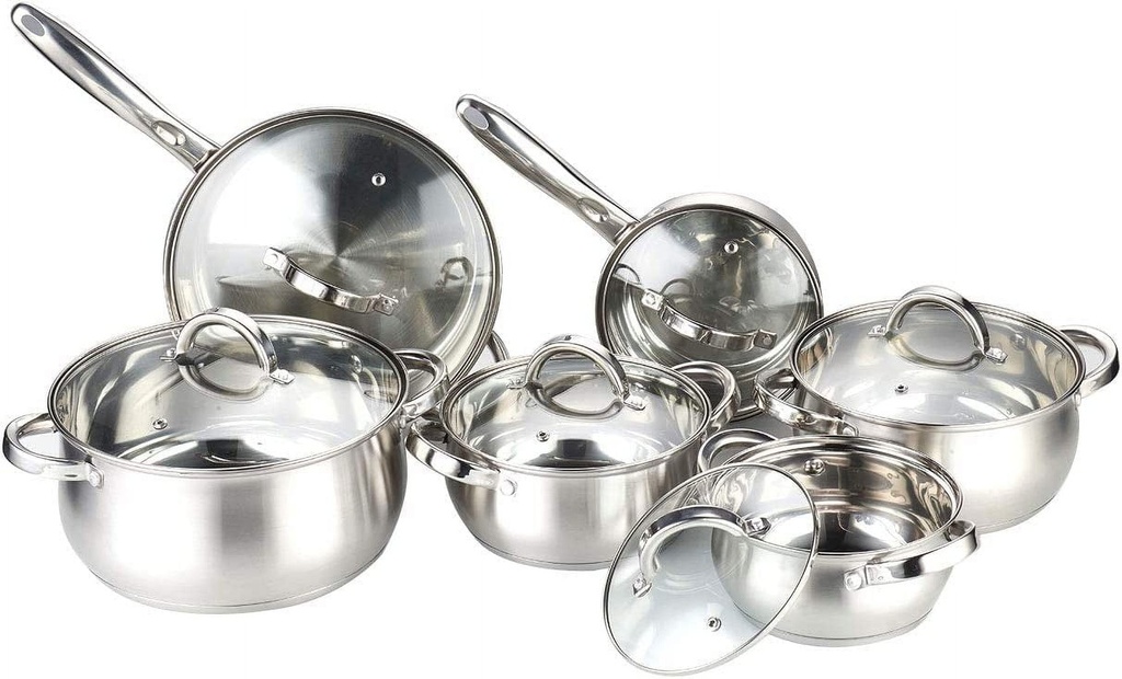 Cookware Set W-001 12-Piece Stainless Steel Pots Pans Set, Kitchen Cooking Set with Glass Lid