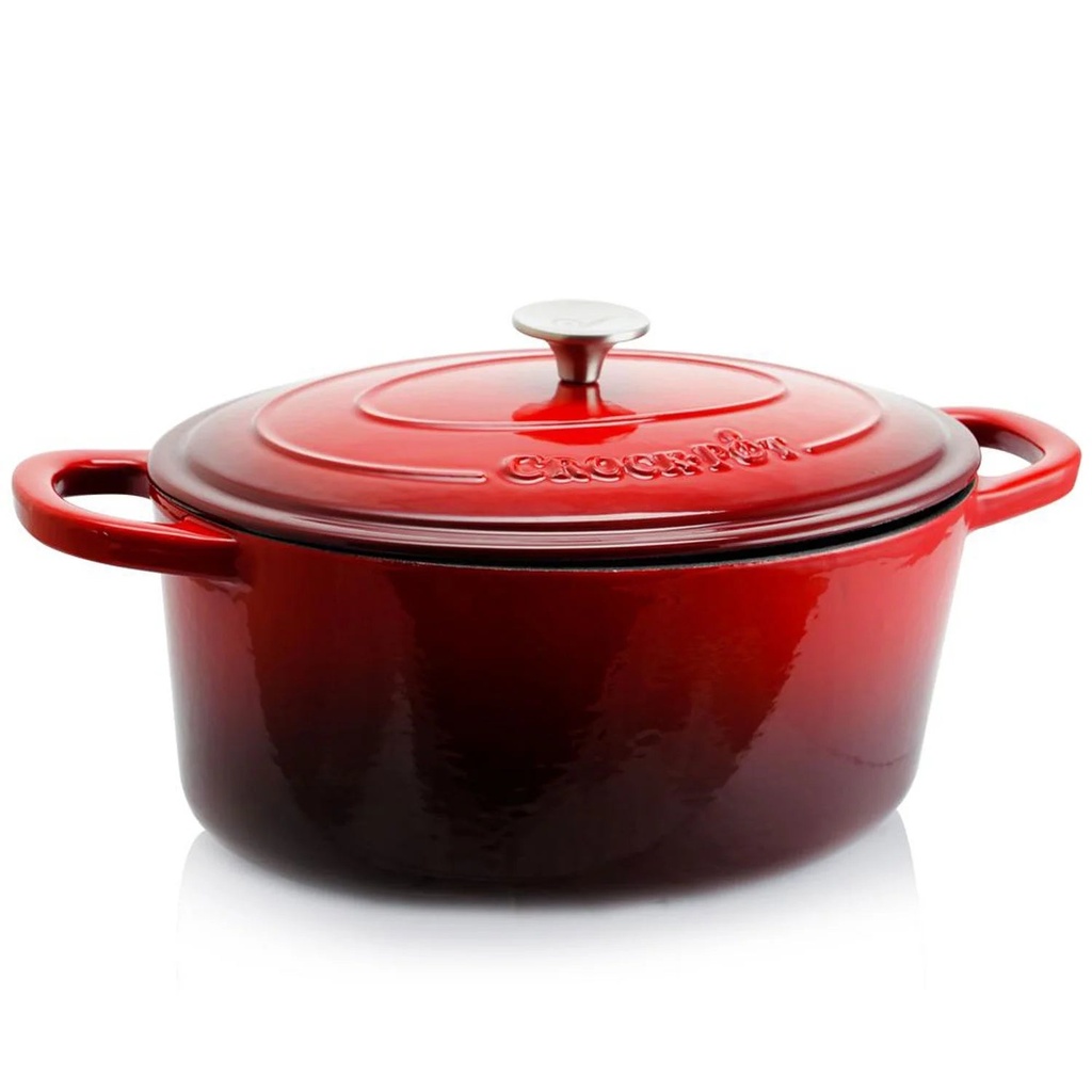 Crock-Pot 7 Quart Oval Enamel Cast Iron Covered Dutch Oven Slow Cooker, Red