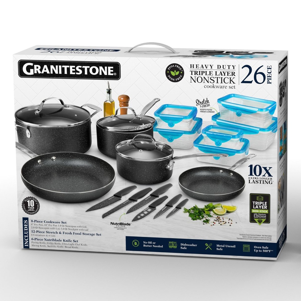 Granitestone Nonstick Pots and Pans 26 Piece Kitchen Cookware Knife and Storage Set with Lids Cooking Sauce Pan Skillet