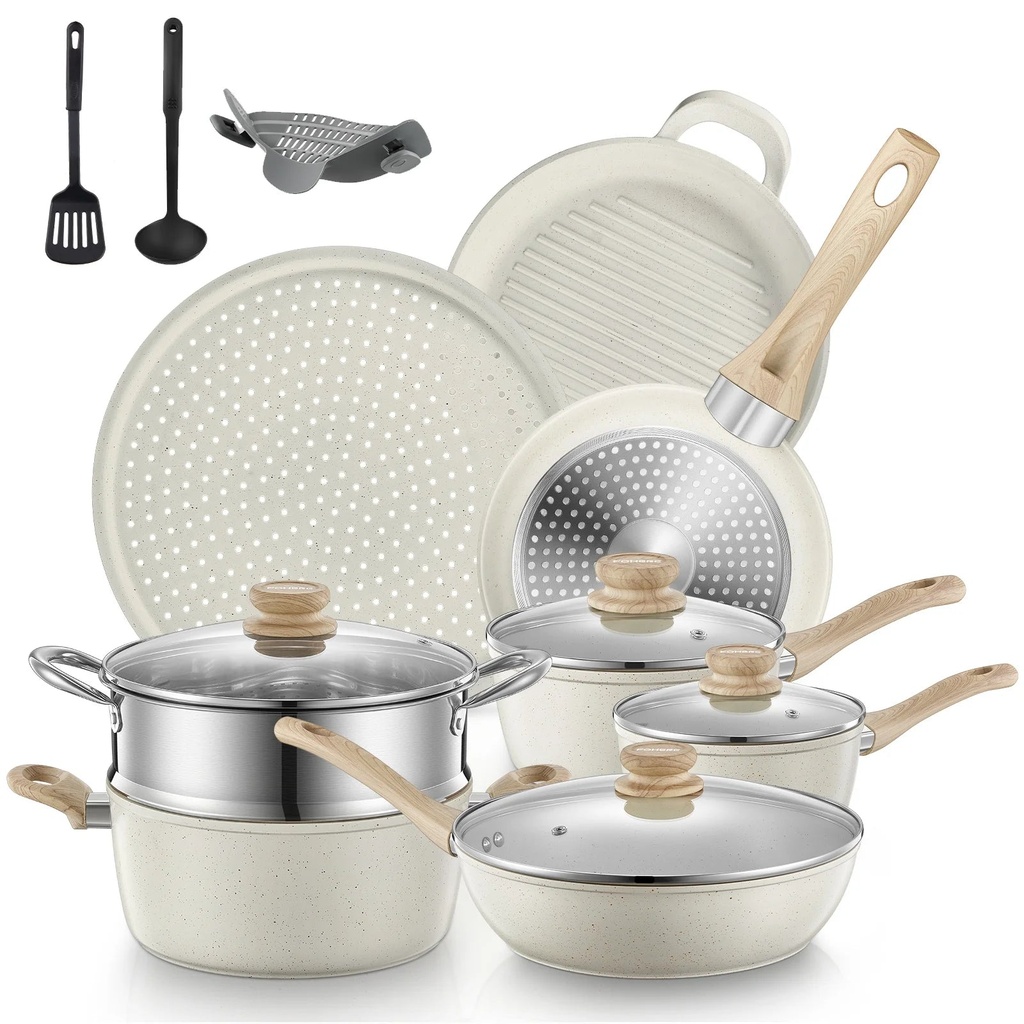 Pots and Pans Set with Lids 15 Pcs, Aluminum Nonstick Induction Cookware Sets, Beige