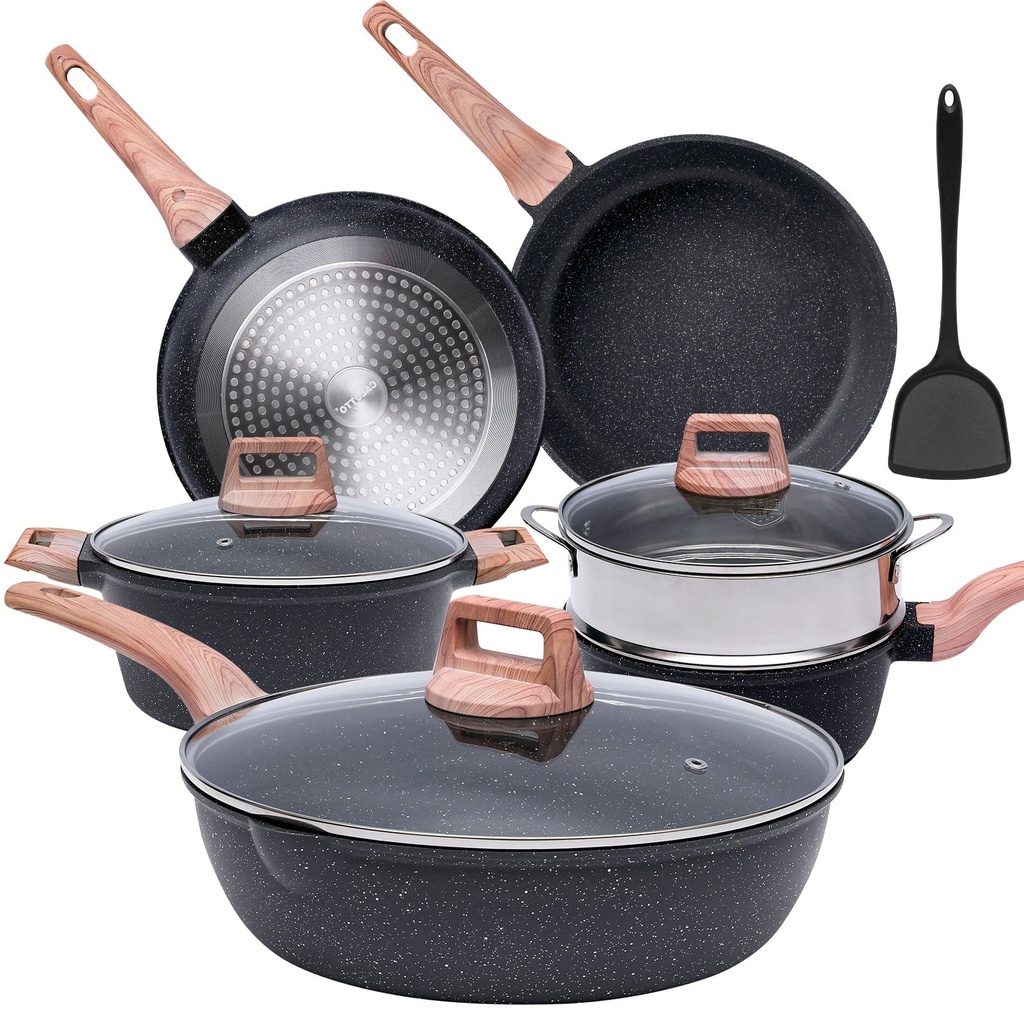 Fenbeli Pots and Pans Set Nonstick, Kitchen Cookware Set, 10 Pcs Non Stick Cooking Set with Silicone Spatula, Steel Gray