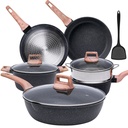 Fenbeli Pots and Pans Set Nonstick, Kitchen Cookware Set, 10 Pcs Non Stick Cooking Set with Silicone Spatula, Steel Gray