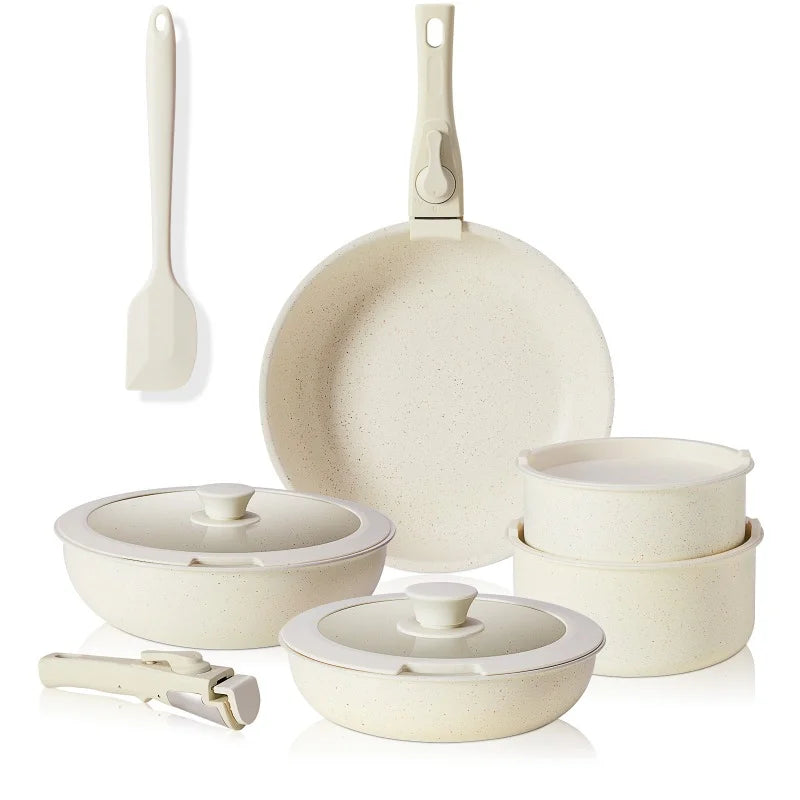 Zateety 12 Pcs Pots and Pans Set Nonstick - Kitchen Cookware Set with Detachable Handle, Induction Cookware, Dishwasher Oven Safe, Beige