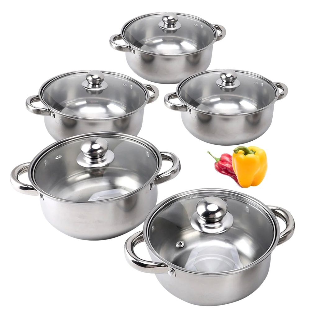 Stainless Steel Pots Sets 10-Piece, Kitchen Cookware Set Saucepan with Glass Lid Stockpot Soup Pot with 2 Ear Handle for Cooking Dishwasher Safe, Silver