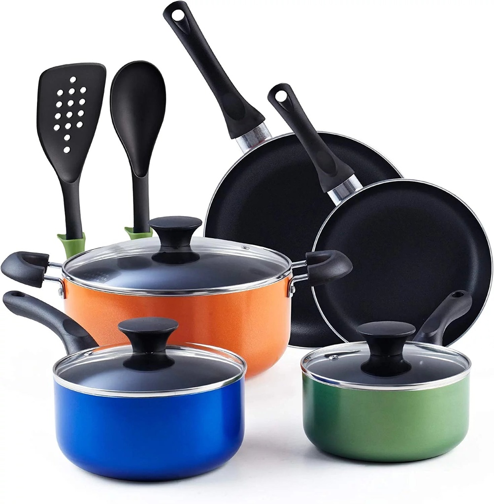 Cook N Home Colorful Pots and Pans Set Non Stick, 10-Piece Small Cookware RV Pots and Pans Set for Camper, Stay Cool Handle, Suitable for the First Apartment,