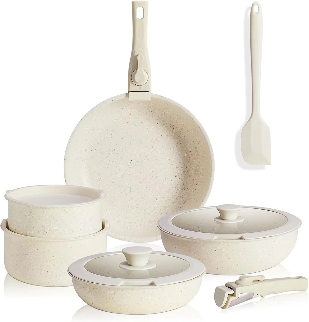 12Pcs Pots and Pans Set - Nonstick Cookware Sets with Detachable Handle - Kitchenware for Your Home Cooking Needs, Beige