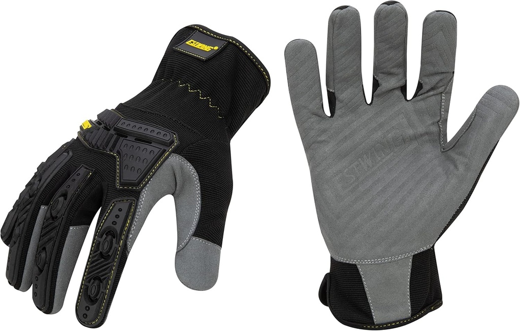Estwing Impact Resistant Work Glove, High Grip Fingers and Palm, Knuckle Protection, Elastic Cuff, 1 Pair, Black/Gray