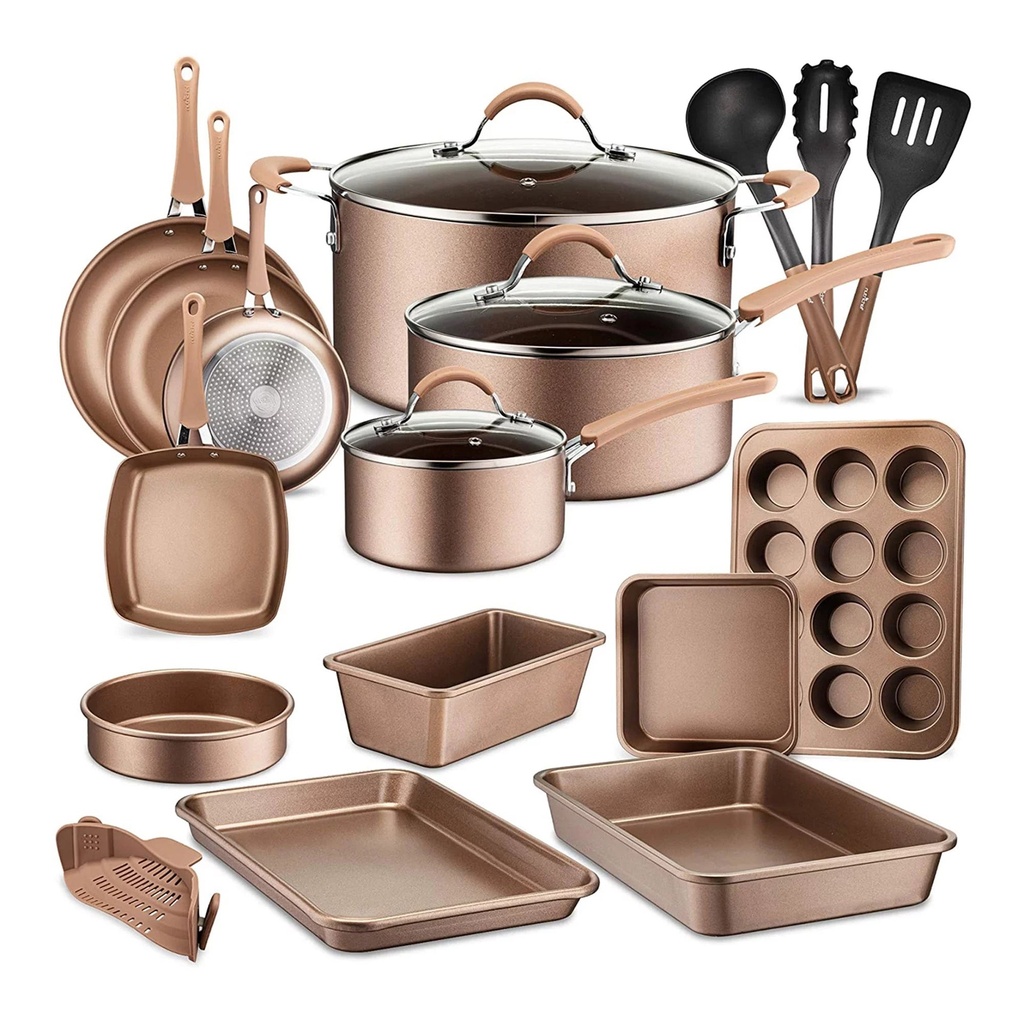 Nutrichef Metallic Nonstick Ceramic Cookware and Bakeware Set, Bronze