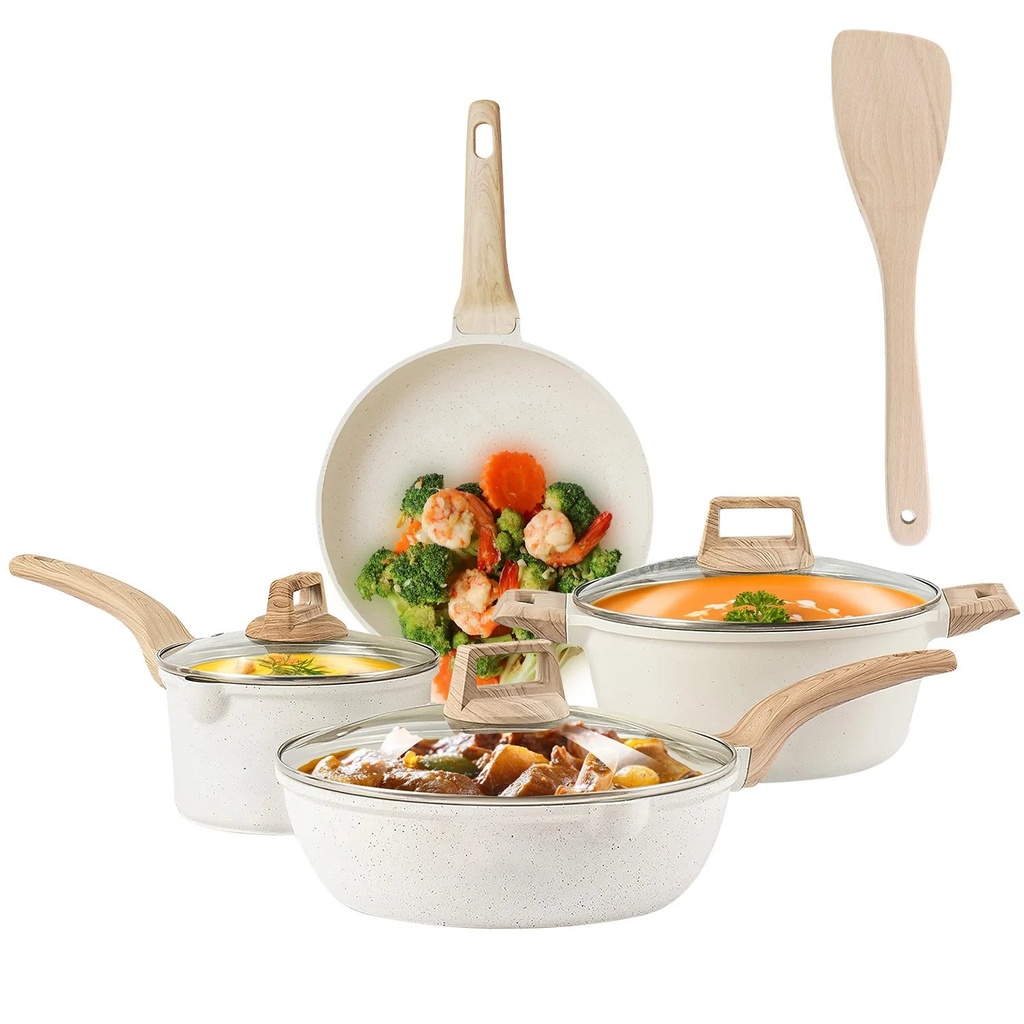 Imountek Pots and Pans Set Granite Coating, 8-Piece, Nonstick Cookware Sets Include Saucepan, Skillet, Stockpot, Shovel, Cooking Set with Glass Lids
