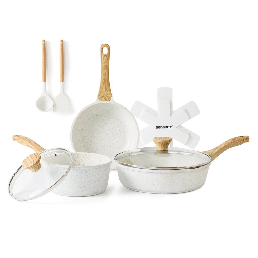SENSARTE Ceramic Nonstick Pots and Pans Set, 10 Pieces Healthy Non Stick Cookware Set, Induction Kitchen Pan Sets White, PFAS and PFOA Free