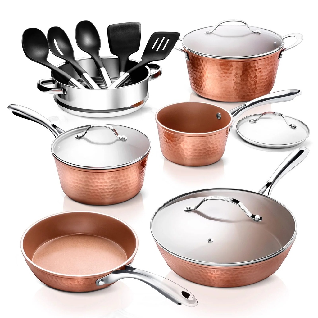 Gotham Steel Nonstick Pots and Pans 15 Piece Set Ceramic Cookware Kitchen Set Hammered with Frying Skillet Saucepan