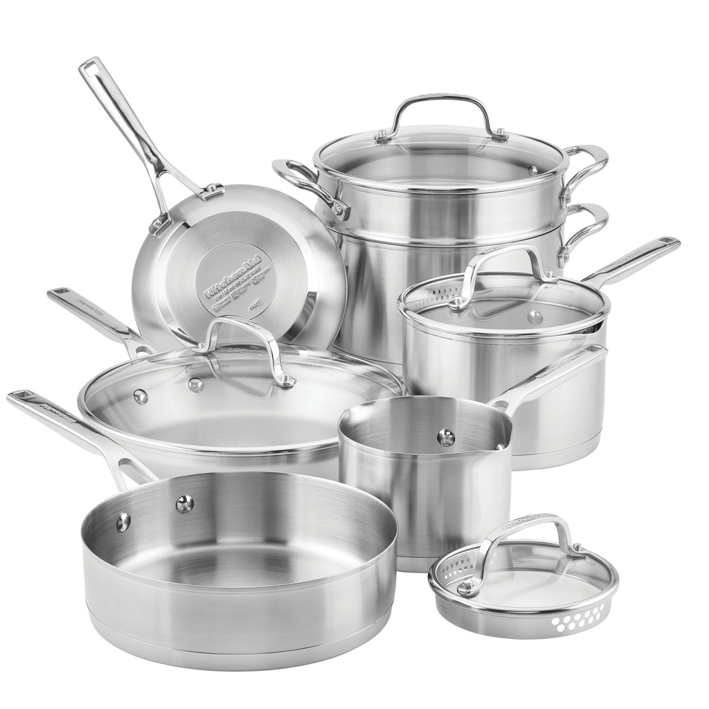 Kitchenaid 3 Ply Base Stainless Steel Cookware Set, 11 Piece, Brushed Stainless Steel