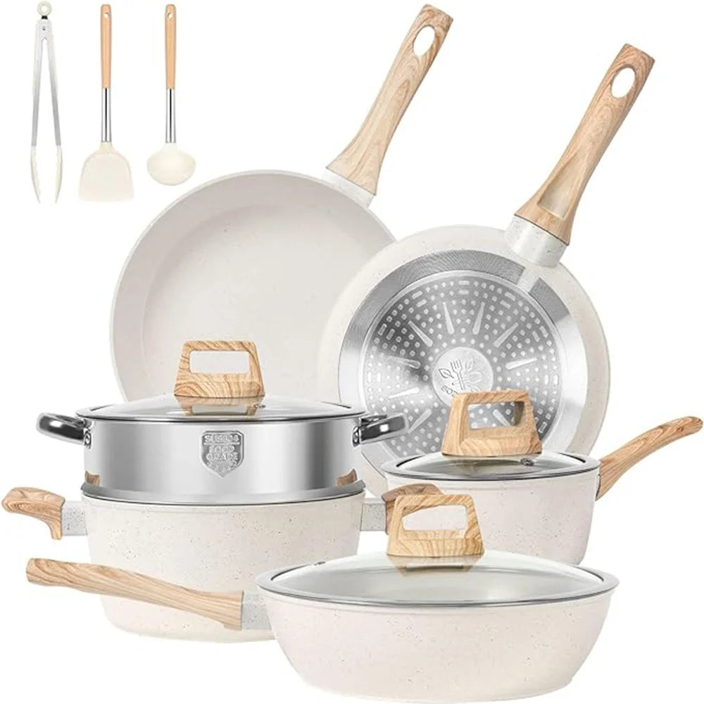 SODAY 12Pcs Pots and Pans Set Non Stick Granite Skillet Frying Kitchen Cooking Cookware for Daily Cooking-White