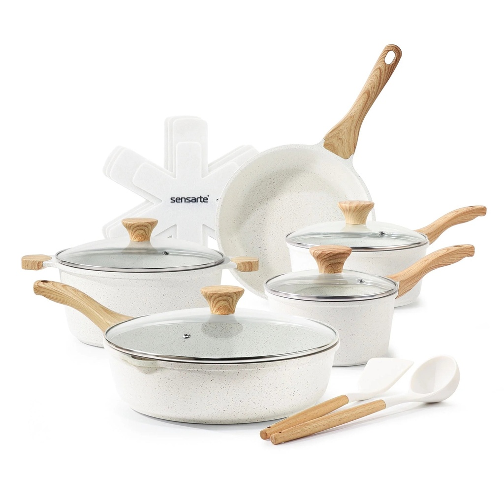 SENSARTE Ceramic Nonstick Pots and Pans Set, 17 Pieces Healthy Non Stick Cookware Set with Pots Protectors, Induction Kitchen Cookware Sets White, PFAS and PFOA Free