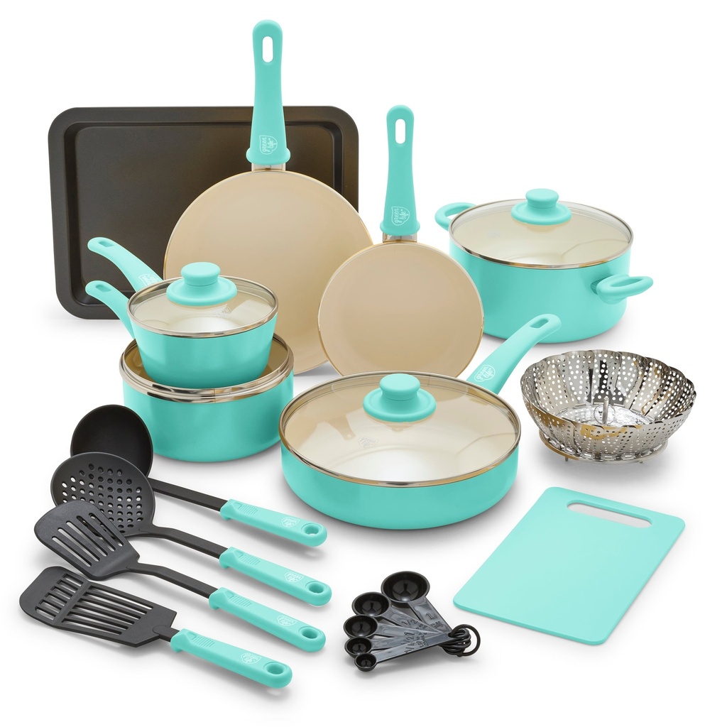 Greenlife 18-Piece Soft Grip Toxin-Free Healthy Ceramic Non-Stick Cookware Set, Turquoise, Dishwasher Safe