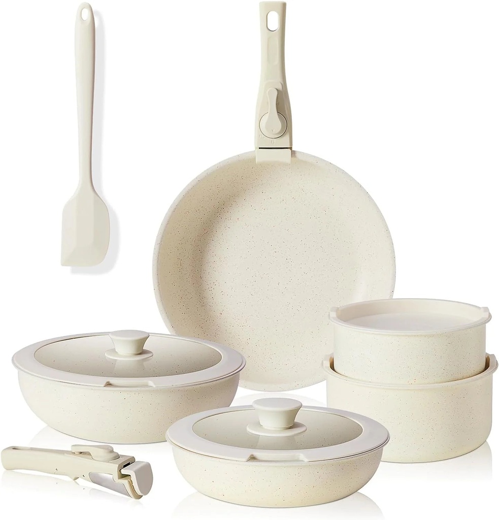 12 Pcs Pots and Pans Set, Stackable Non-Stick Set, Nonstick - Kitchen Cookware Set with Detachable Handle, Induction Cookware, Oven Safe, Beige