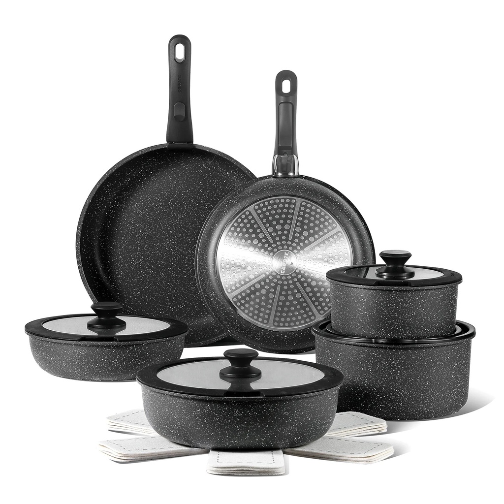 CAROTE 17Pcs Nonstick Cookware Set, Granite Non Stick Pots and Pans Set with Removable Handle, Black