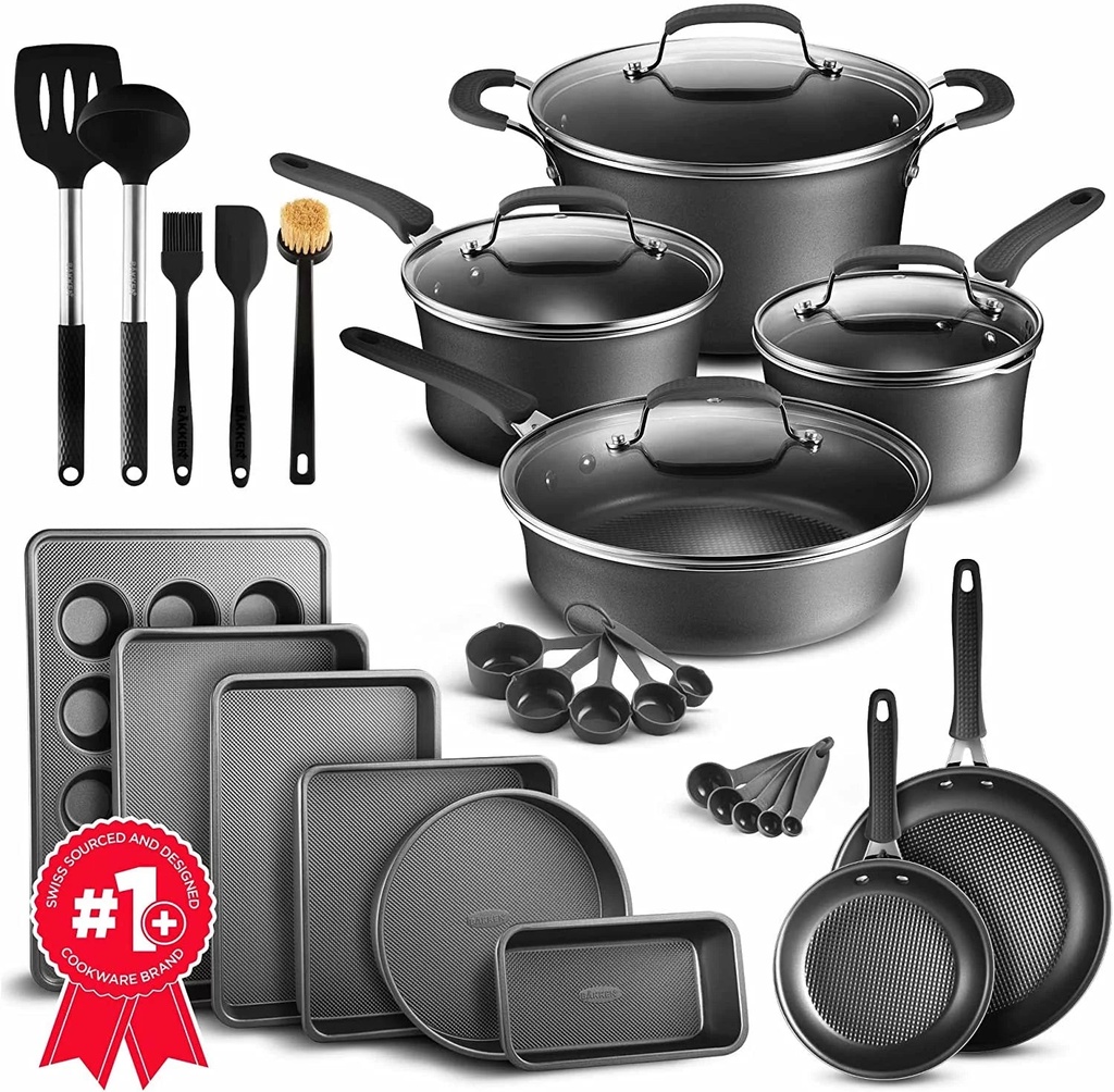 Cookware Set – 23 Piece –Black Multi-Sized Cooking Pots with Lids, Skillet Fry Pans and Bakeware – Reinforced Pressed Aluminum Metal - Suitable for Gas, Electric, Ceramic and Induction by BAKKEN Swiss