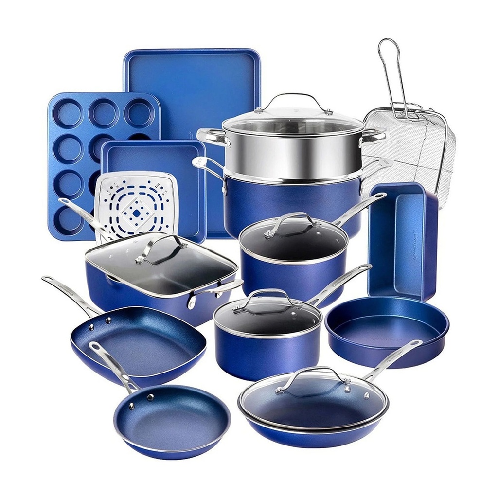 Granitestone Nonstick Pots and Pans 20 Piece Kitchen Cookware Bakeware Set Cooking Frying Skillet Sauce Pan Blue