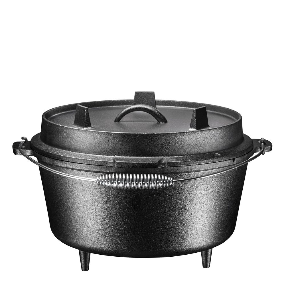 Bruntmor Pre-Seasoned Cast Iron Dutch Oven with Flanged Lid Iron Cover, for Campfire or Fireplace Cooking, Flat Bottom 8.5 Quart