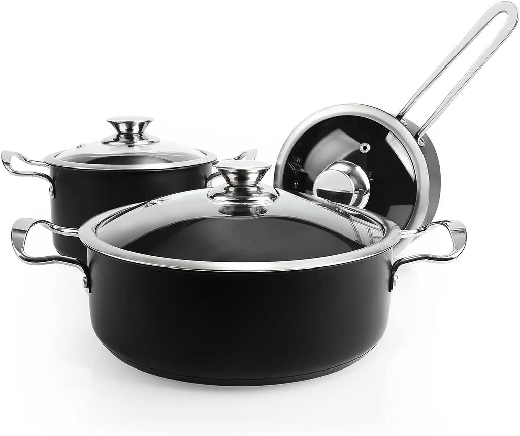 Pots and Pans Set Nonstick，6-Piece Kitchen Cookware Set with Glass Lids，Black Induction Pots and Pans Set with Stay-Cool Stainless Steel Handles，Saucepan Set Compatible with All Stovetops
