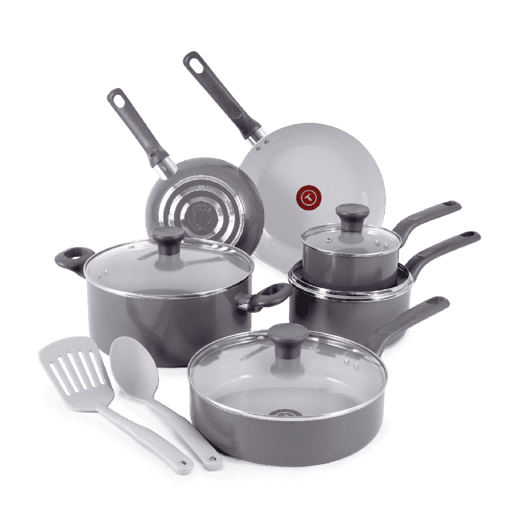T-Fal Easy Care Ceramic Non-Stick, 12 Piece Pots and Pans Cookware Set, Grey