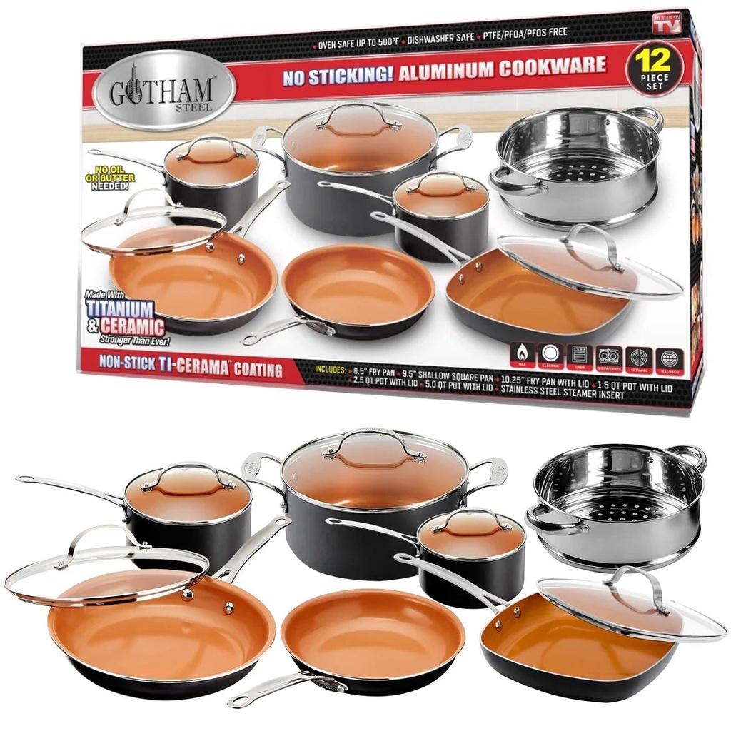 Gotham Steel Nonstick Pots and Pans 12 Piece Set Ceramic Cookware Kitchen Set, with Frying Skillet, Saucepan, Lids | Gray