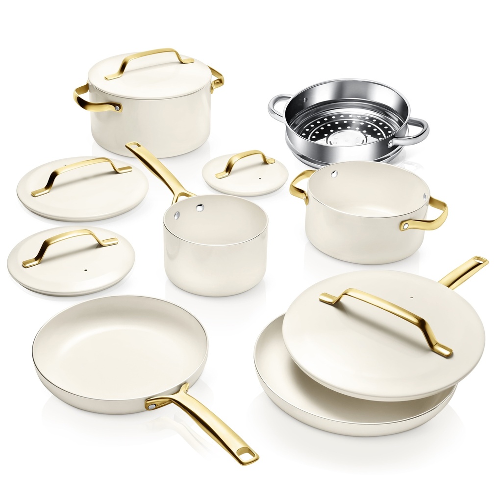 Gotham Steel Nonstick Pots and Pans 11 Piece Set Ceramic Induction Cookware Kitchen Set Frying Skillet Saucepan, Cream