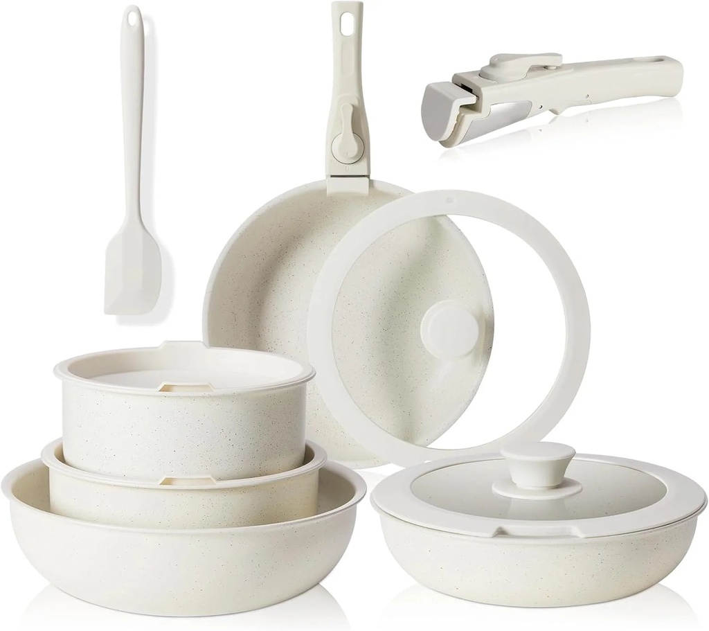 12 Pcs Pots and Pans Set Nonstick - Kitchen Cookware Set with Detachable Handle, Induction Cookware, Oven Safe, Stackable Non-Stick Set, Beige