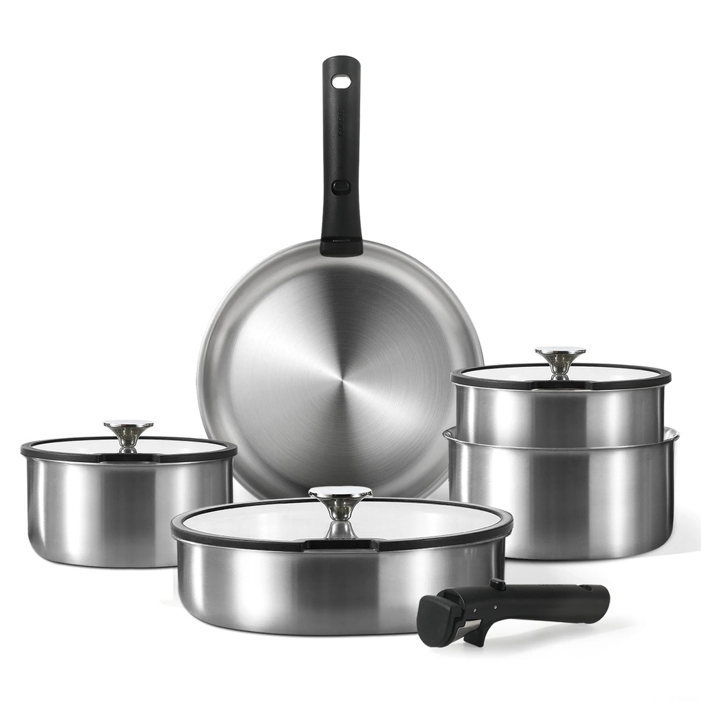 CAROTE 10Pcs Pots and Pans Set, Stainless Steel Cookware Set Detachable Handle, Induction Kitchen Cookware Sets with Removable Handle, RV Cookware Set, Oven Safe, Stainless Steel