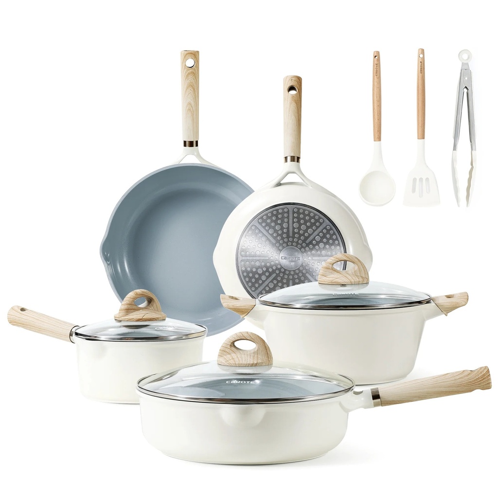CAROTE 11Pcs Ceramic Cookware Set, Pots and Pans Set Non Stick, Kitchen Cookware Sets, Kitchen Induction Pots and Pans Cooking Sets, Cream White
