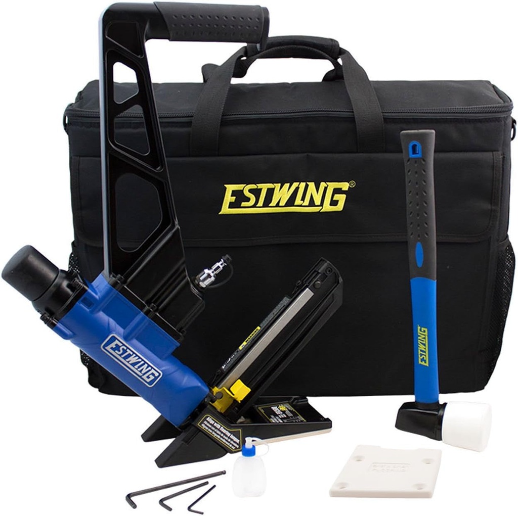 Estwing EFL50Q Pneumatic 2-In-1 15.5-Gauge and 16-Gauge 2" Flooring Nailer and Stapler Ergonomic and Lightweight Nail Gun for Hardwood Flooring with Interchangeable Base Plates, No-Mar Feet and Mallet