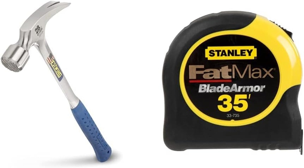 ESTWING Framing Hammer - 28 Oz Long Handle Straight Rip Claw & Stanley 33-735 Fatmax Tape Rule with Bladearmorâ„¢ Coating 1-1/4" X 35', 2.2" X 7.1" X 4.6"