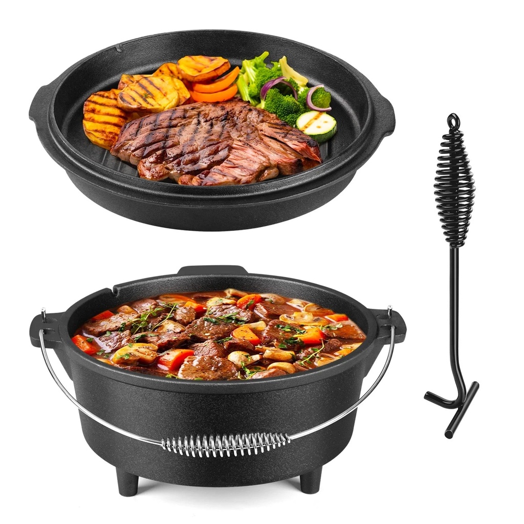 Coliware 5 QT Cast Iron Dutch Oven, 2 in 1 Pre-Seasoned Camping Pot with Reversible Lid and Lid Lifter Handle, Multifunctional Cookware Pot for Camping Cooking BBQ Baking