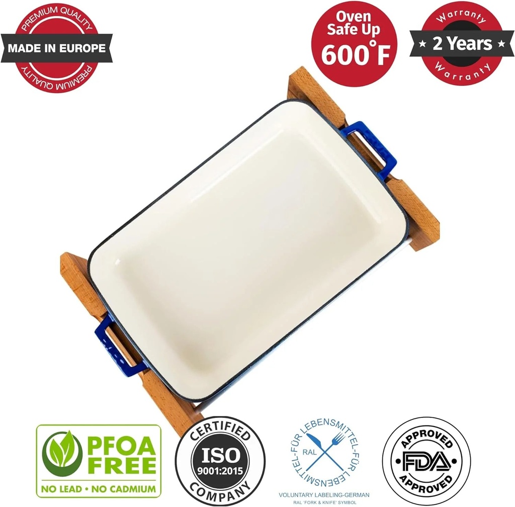 Lava Cast Iron Lasagna Pan, Three Layers of Enameled Cast Iron Lasagna Pan, Baking Tray with Service Stand, 10X16 Inch Rectangular Oven Safe Serving Dish (Blue)