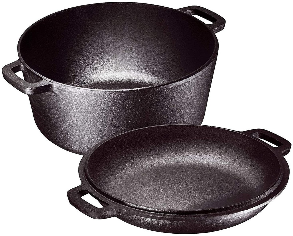 Bruntmor Heavy Duty Pre-Seasoned 2 in 1 Cast Iron Double Dutch Oven and Domed Skillet Lid - Versatile Healthy Design - Non-Stick - 5-Quart (Pre-Seasoned)