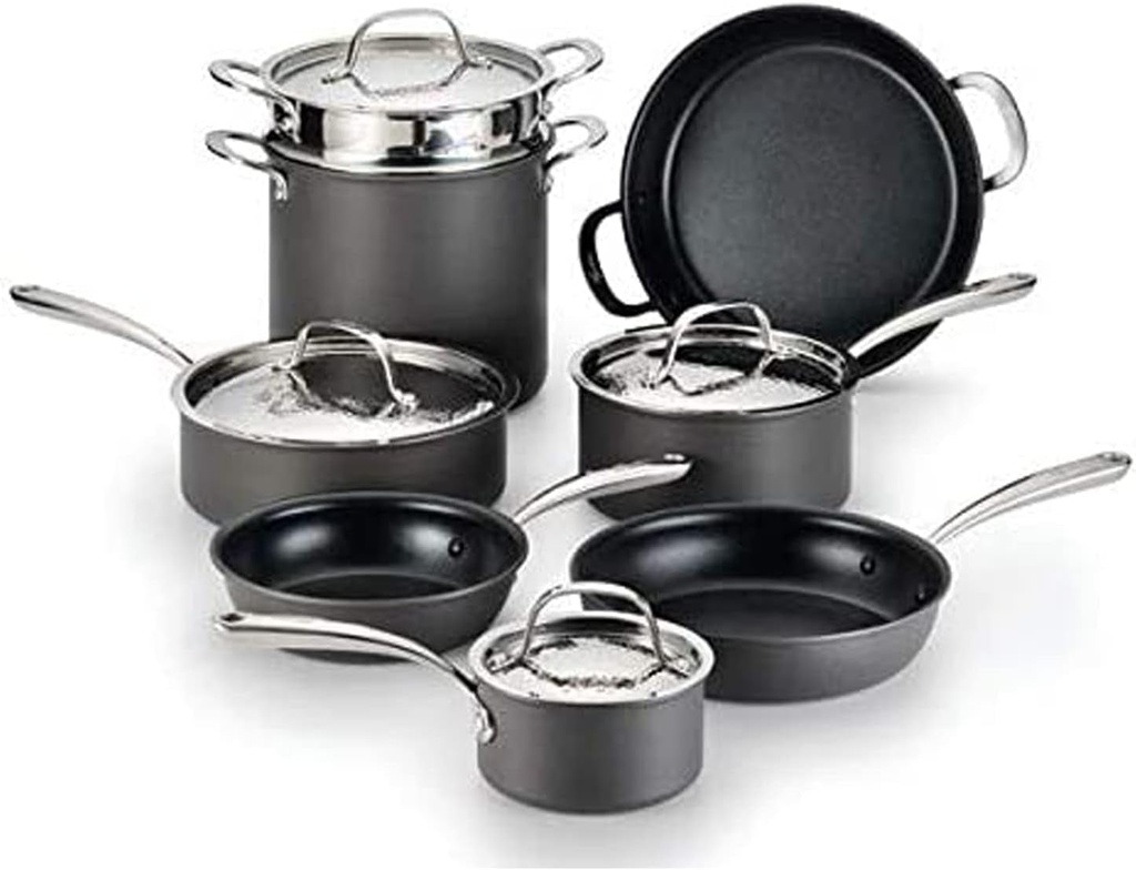 Lagostina Nera Hard Anodized Nonstick 12-Piece Cookware Set with Hammered Stainless Steel Lids, Dishwasher Safe,Grey